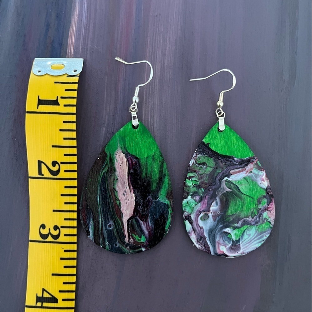 Green and Black Abstract Teardrop Earrings - Picture 2 of 4